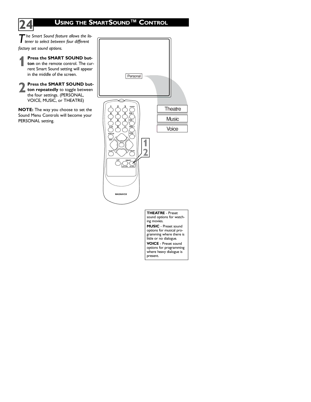 Magnavox 13MT143S, 20MT133S, 20MS233S user manual Using the Smartsound Control, Factory set sound options 