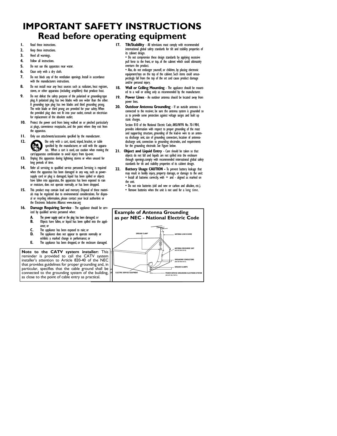 Magnavox 13MT143S, 20MT133S, 20MS233S user manual Example of Antenna Grounding, As per NEC National Electric Code 