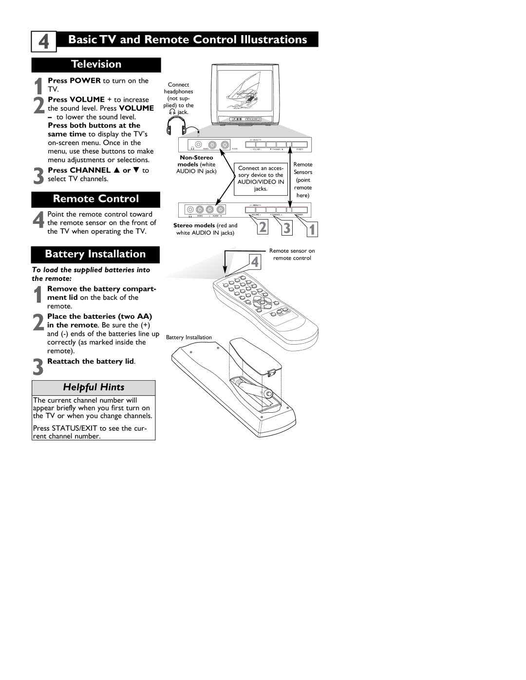 Magnavox 13MT143S, 20MT133S, 20MS233S user manual Basic TV and Remote Control Illustrations, Press both buttons at 