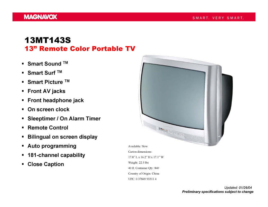 Magnavox 13MT143S specifications Remote Color Portable TV 