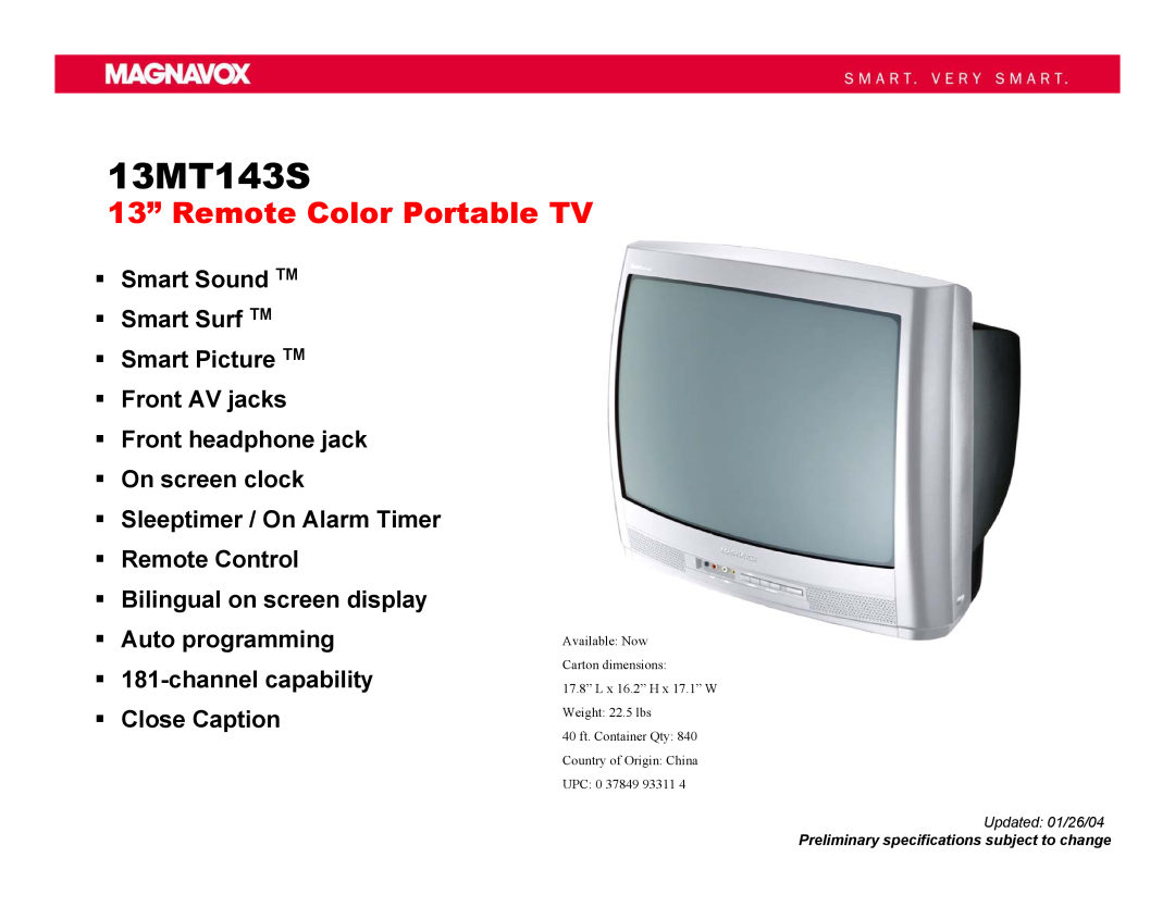 Magnavox 13MT143S specifications 13” Remote Color Portable TV 
