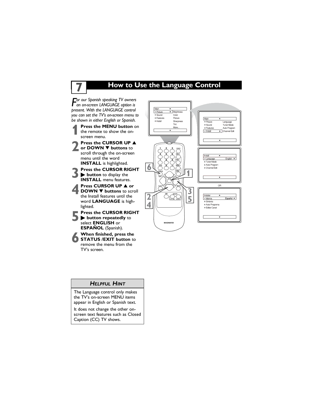 Magnavox 14MS2331/17, 20MS2331/17, 20MS2331/37R user manual How to Use the Language Control, Press the Cursor Right 