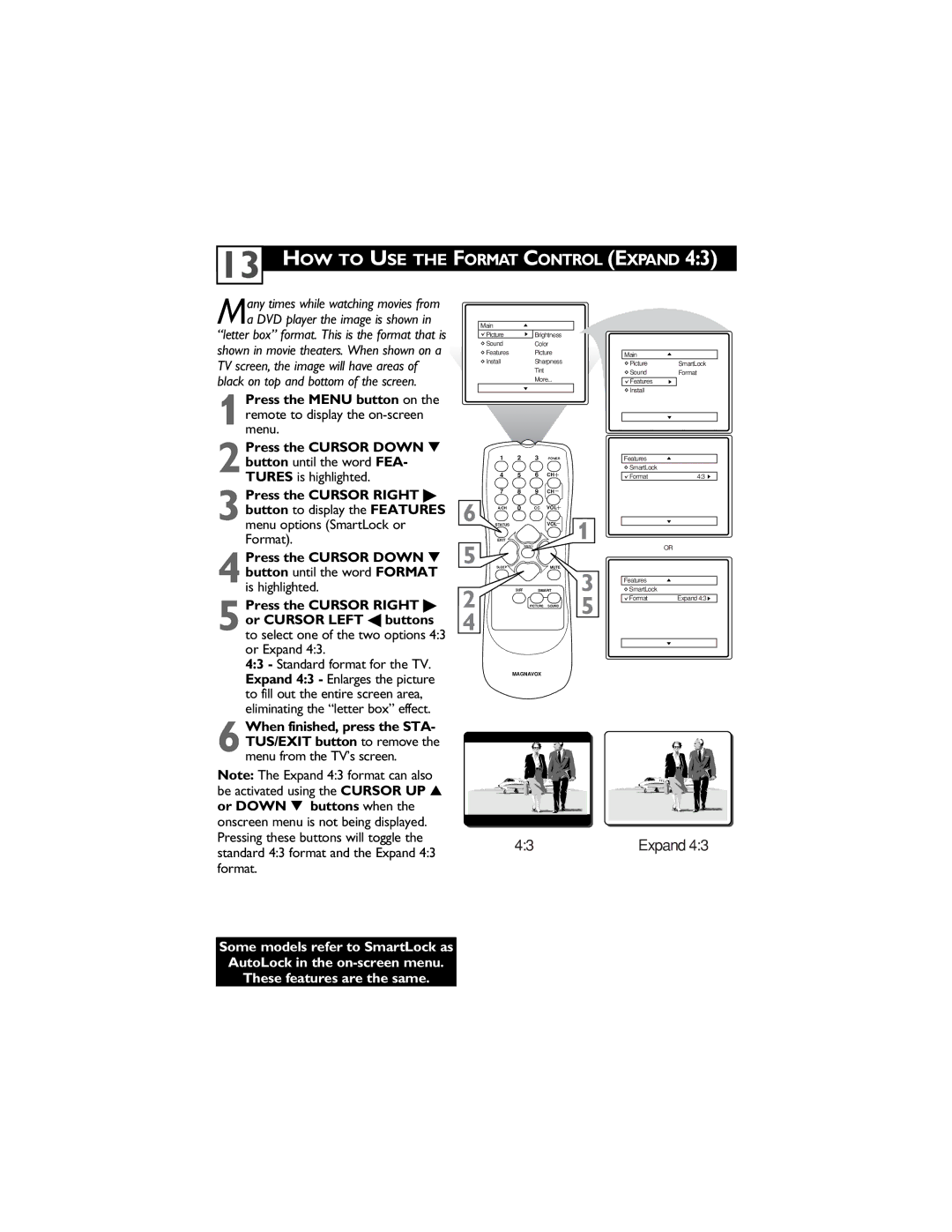 Magnavox 14MS2331/17, 20MS2331/17, 20MS2331/37R HOW to USE the Format Control Expand, Menu options SmartLock or Format 