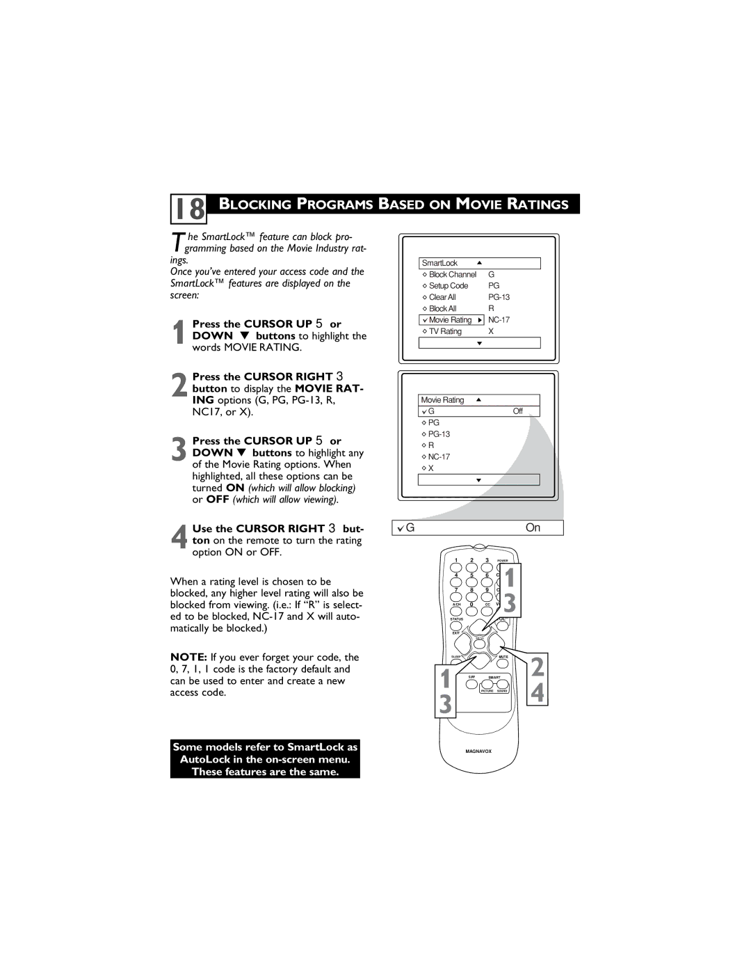 Magnavox 14MS2331/17, 20MS2331/17, 20MS2331/37R user manual Blocking Programs Based on Movie Ratings 