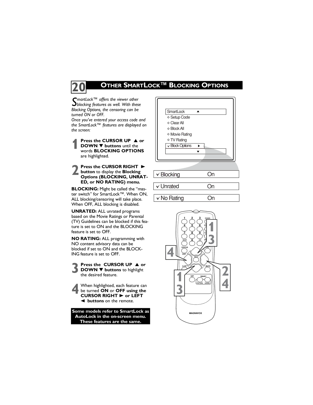 Magnavox 14MS2331/17, 20MS2331/17, 20MS2331/37R Other Smartlock Blocking Options, When OFF, ALL blocking is disabled 