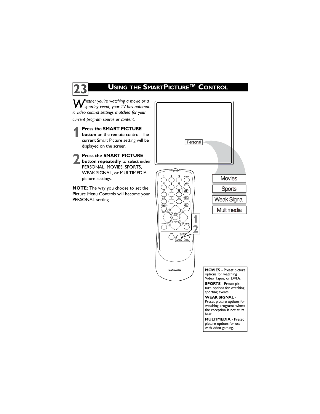 Magnavox 14MS2331/17, 20MS2331/17, 20MS2331/37R user manual Using the Smartpicture Control, Press the Smart Picture 