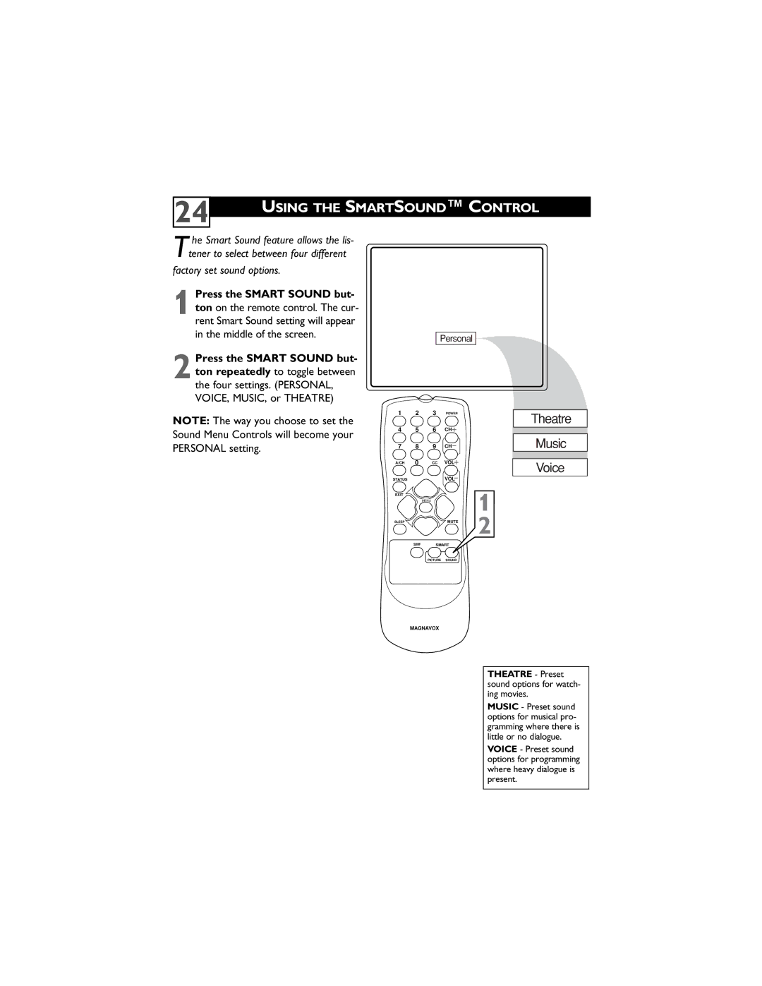 Magnavox 14MS2331/17, 20MS2331/17, 20MS2331/37R user manual Using the Smartsound Control, Factory set sound options 