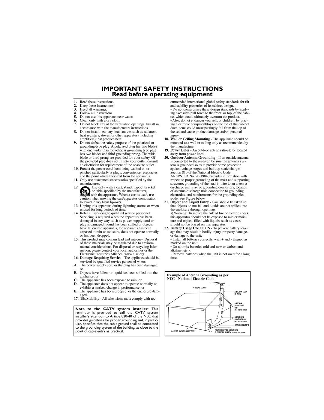 Magnavox 14MS2331/17, 20MS2331/17, 20MS2331/37R user manual Important Safety Instructions 