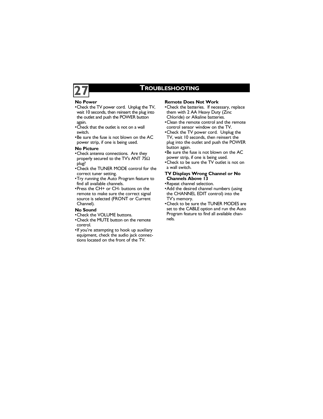 Magnavox 14MS2331/17, 20MS2331/17, 20MS2331/37R user manual Troubleshooting 