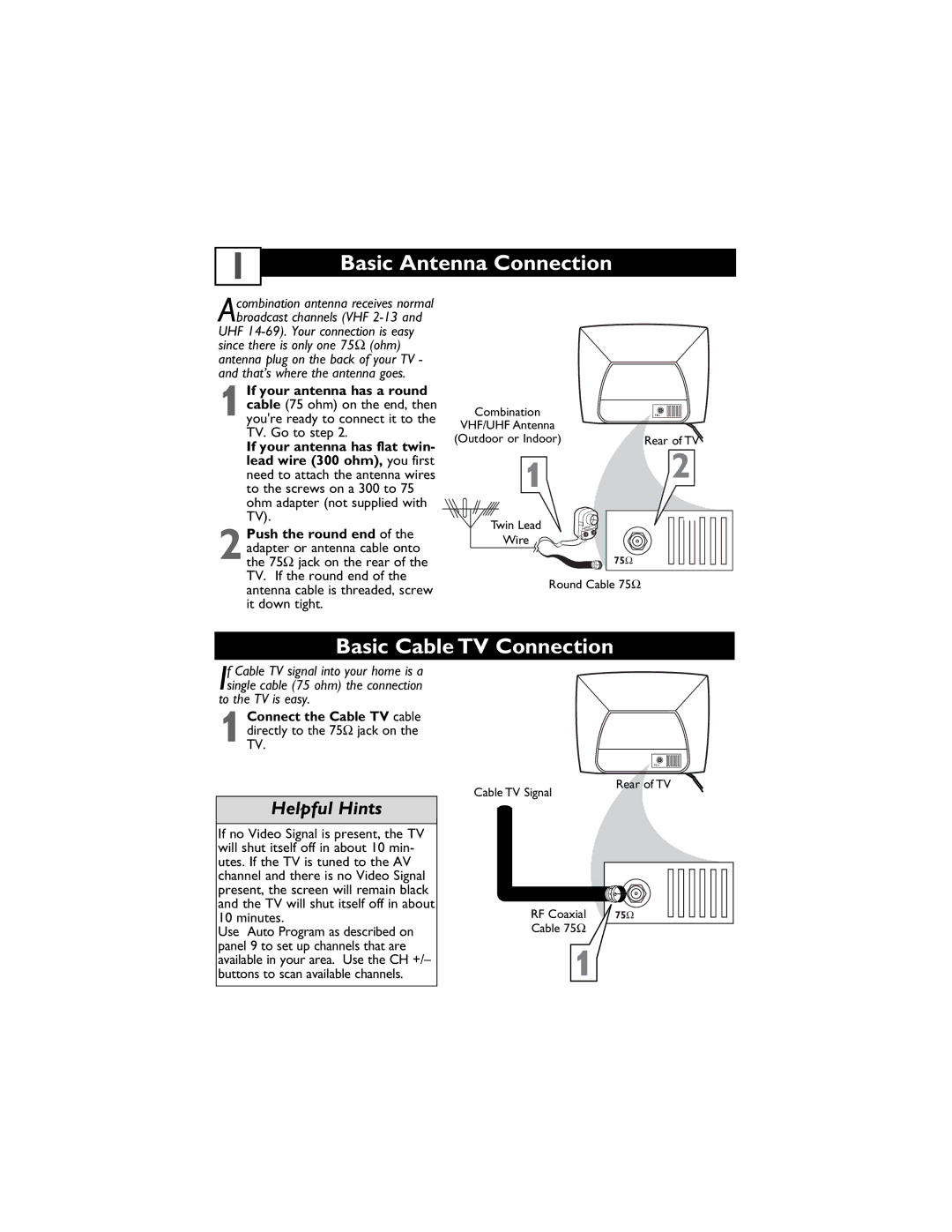 Magnavox 14MS2331/17, 20MS2331/17, 20MS2331/37R user manual Basic Antenna Connection, Basic Cable TV Connection 