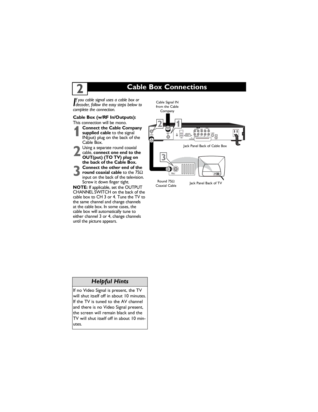 Magnavox 14MS2331/17, 20MS2331/17, 20MS2331/37R user manual Cable Box Connections, Cable Box w/RF In/Outputs 