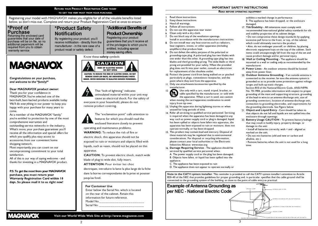 Magnavox 15MF Series owner manual Important Safety Instructions, For Customer Use 