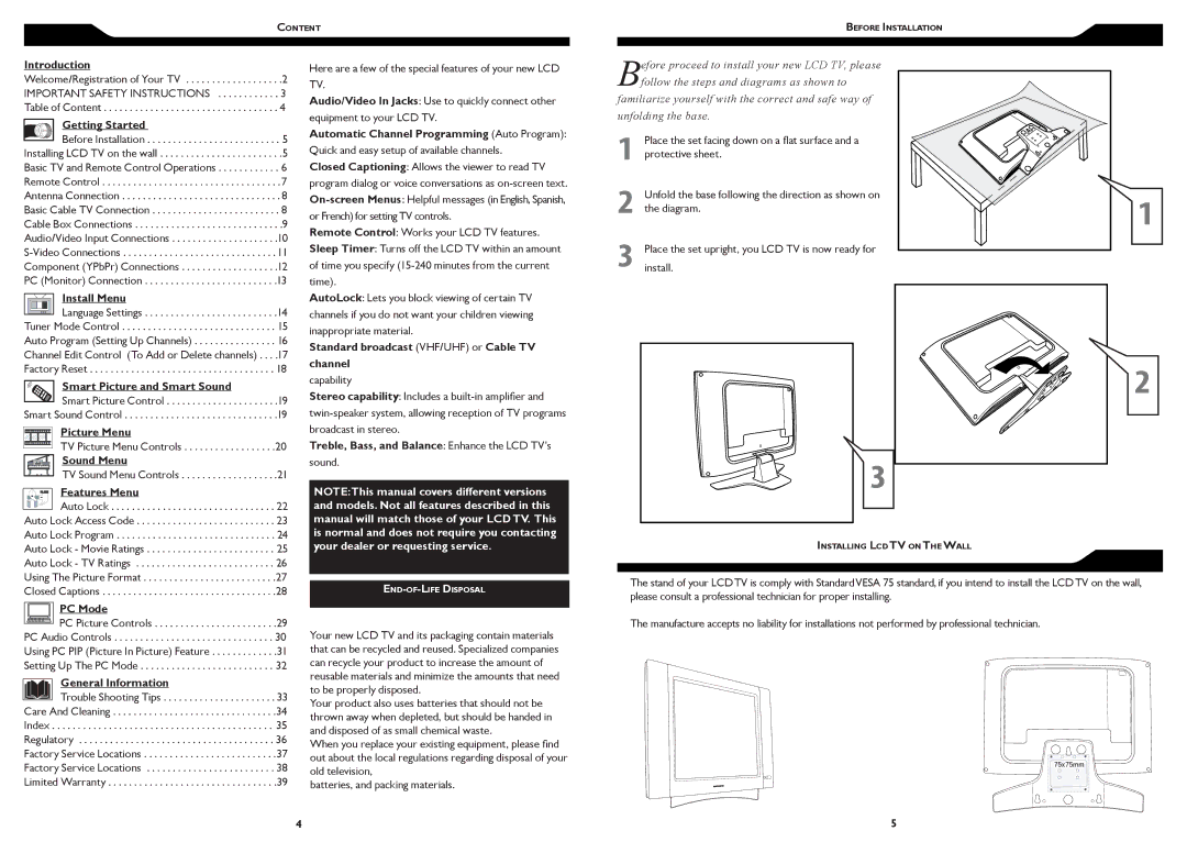 Magnavox 15MF Series Introduction, Getting Started, Install Menu, Smart Picture and Smart Sound, Picture Menu, Sound Menu 