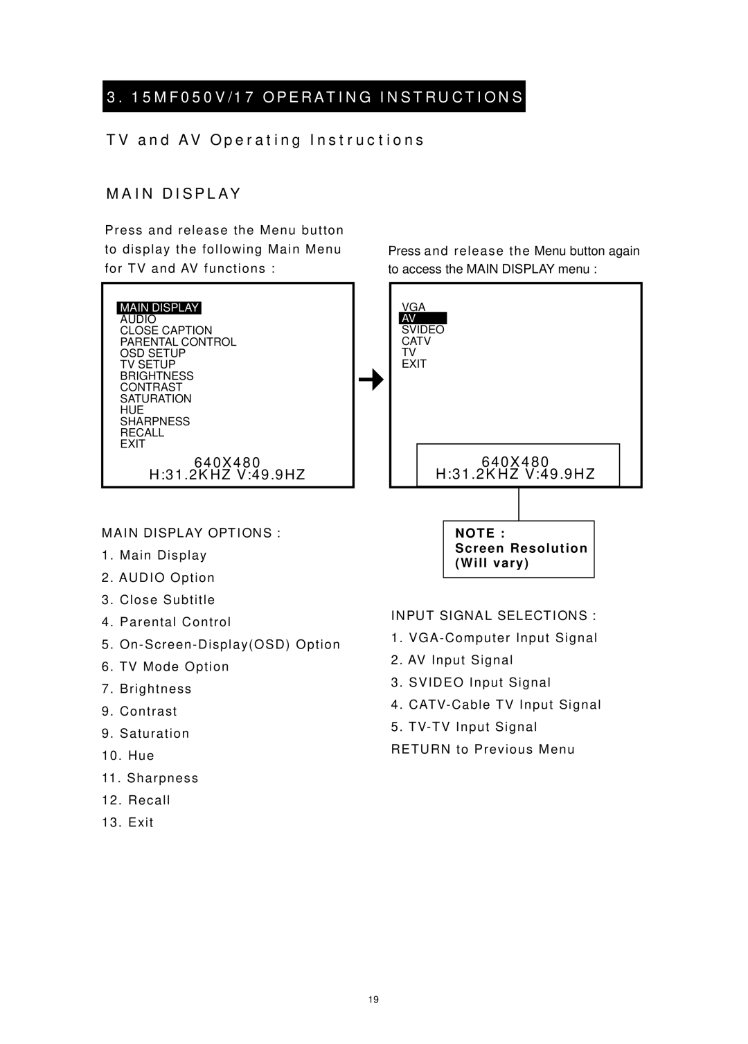 Magnavox 15MF050V/17 TV and AV Operating Instructions, Main Display Options, Input Signal Selections 