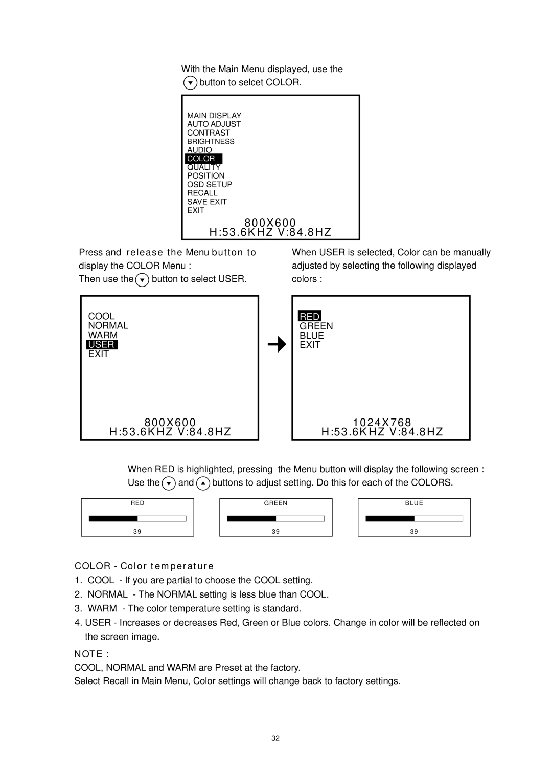 Magnavox 15MF050V/17 operating instructions 800X600 H53.6KHZ V84.8HZ, 1024X768 H53.6KHZ V84.8HZ 