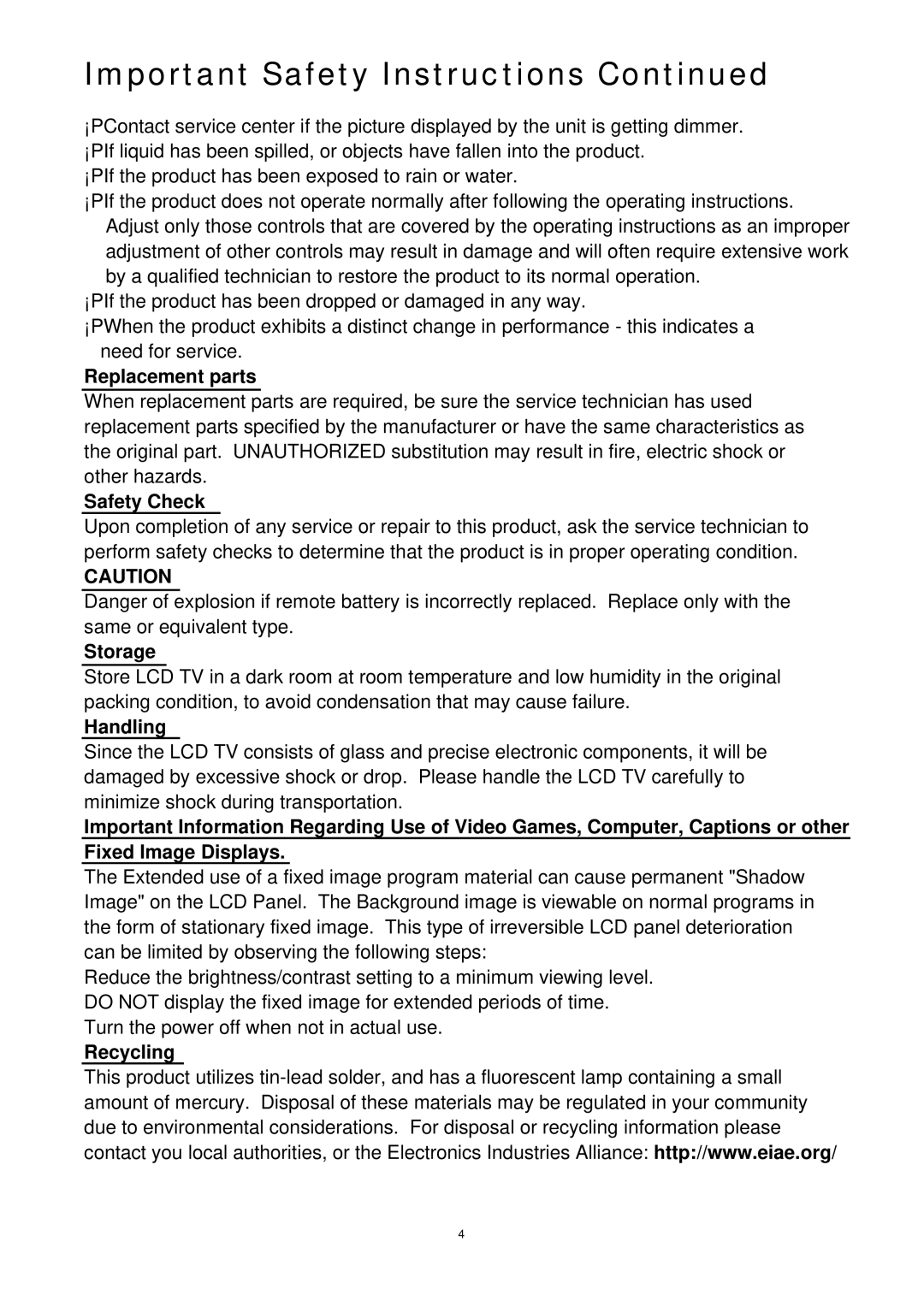 Magnavox 15MF050V/17 operating instructions Replacement parts, Safety Check, Storage, Handling, Recycling 