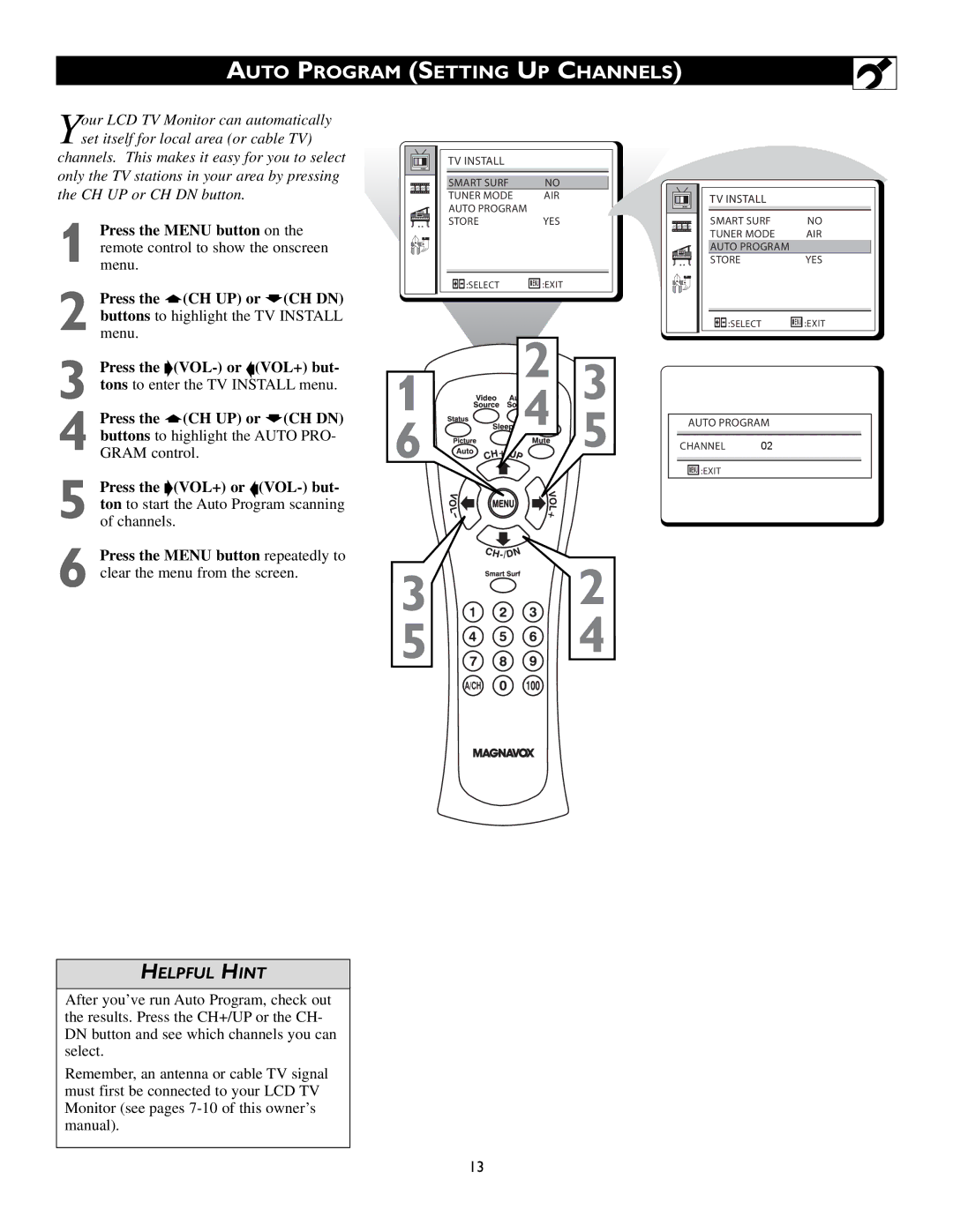 Magnavox 15MF200V/37 owner manual Auto Program Setting UP Channels 