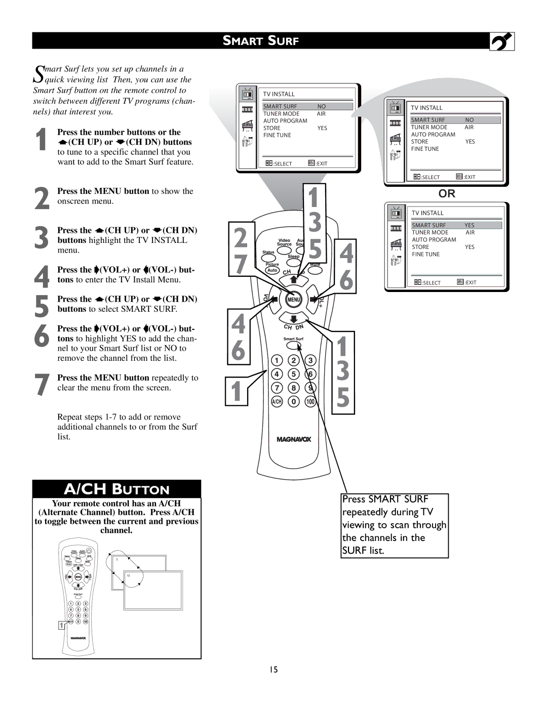 Magnavox 15MF200V/37 owner manual CH Button, Smart Surf 