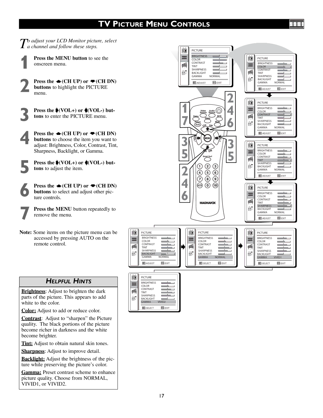 Magnavox 15MF200V/37 owner manual TV Picture Menu Controls 