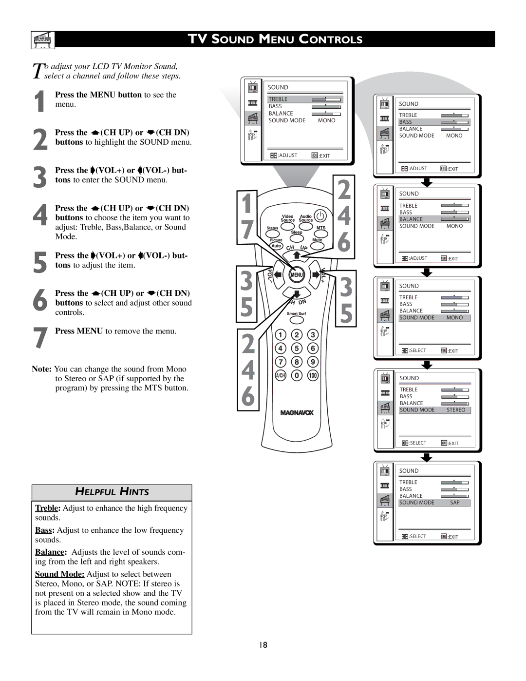 Magnavox 15MF200V/37 owner manual TV Sound Menu Controls 