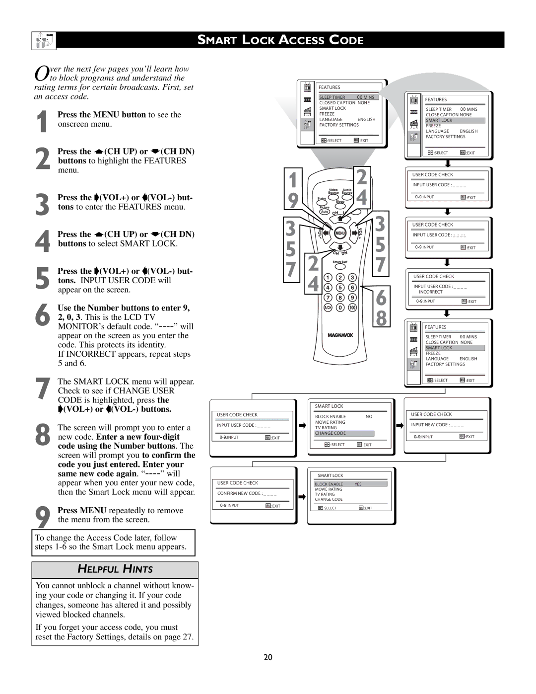 Magnavox 15MF200V/37 owner manual Smart Lock Access Code, Features 