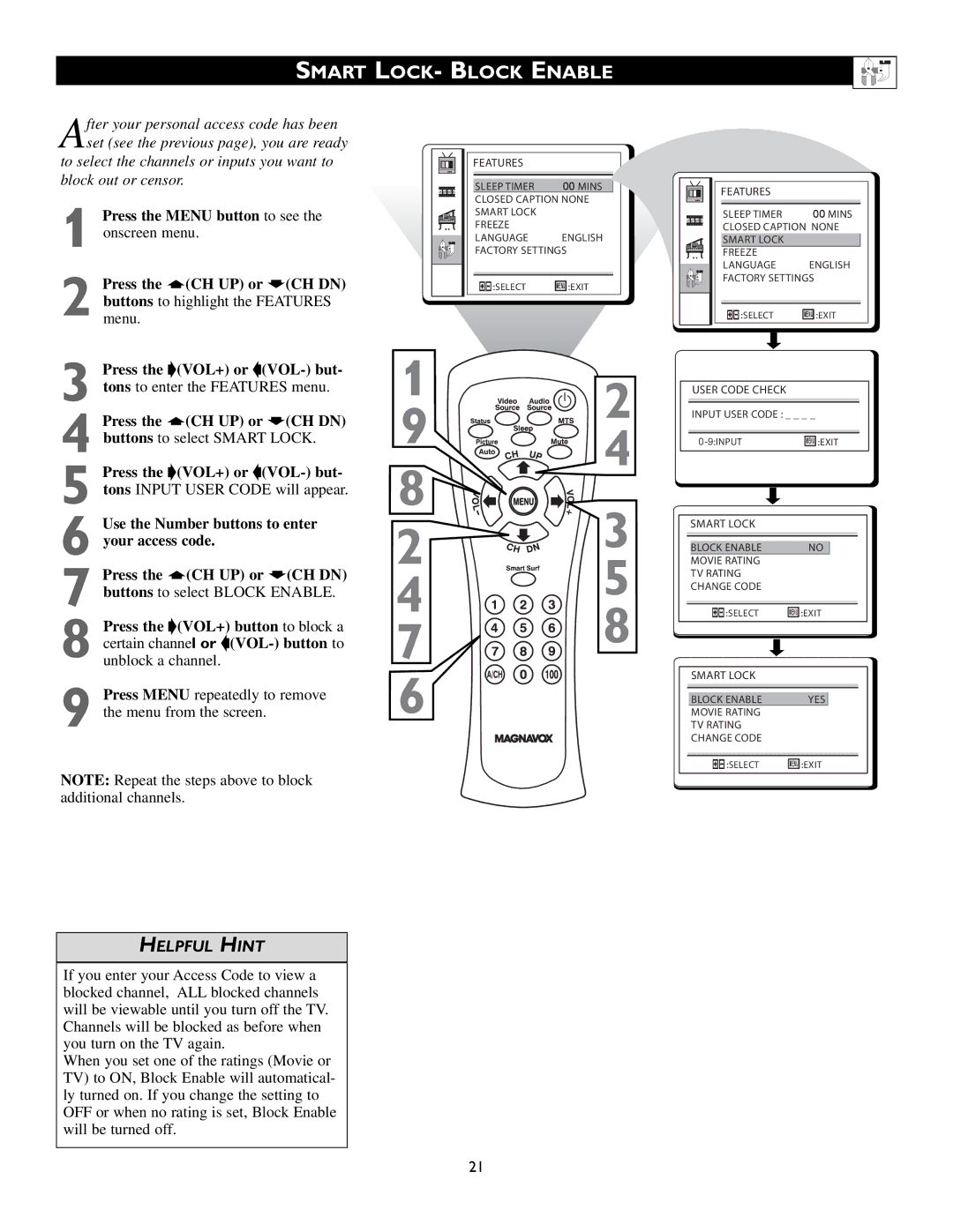 Magnavox 15MF200V/37 owner manual Smart LOCK- Block Enable, Features 