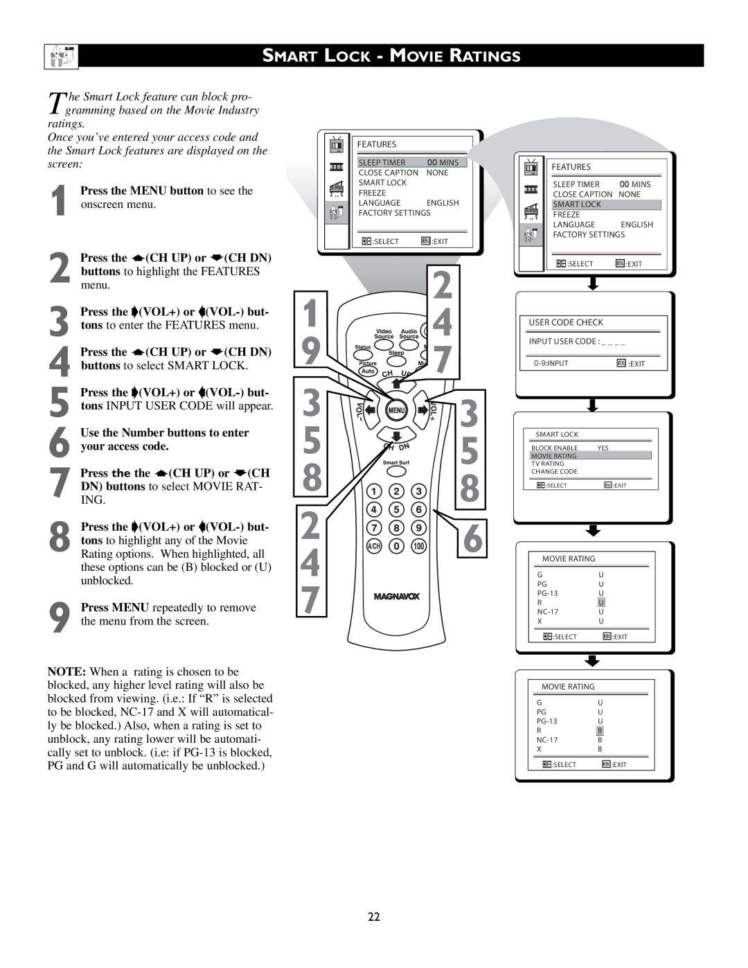 Magnavox 15MF200V/37 owner manual Smart Lock Movie Ratings 