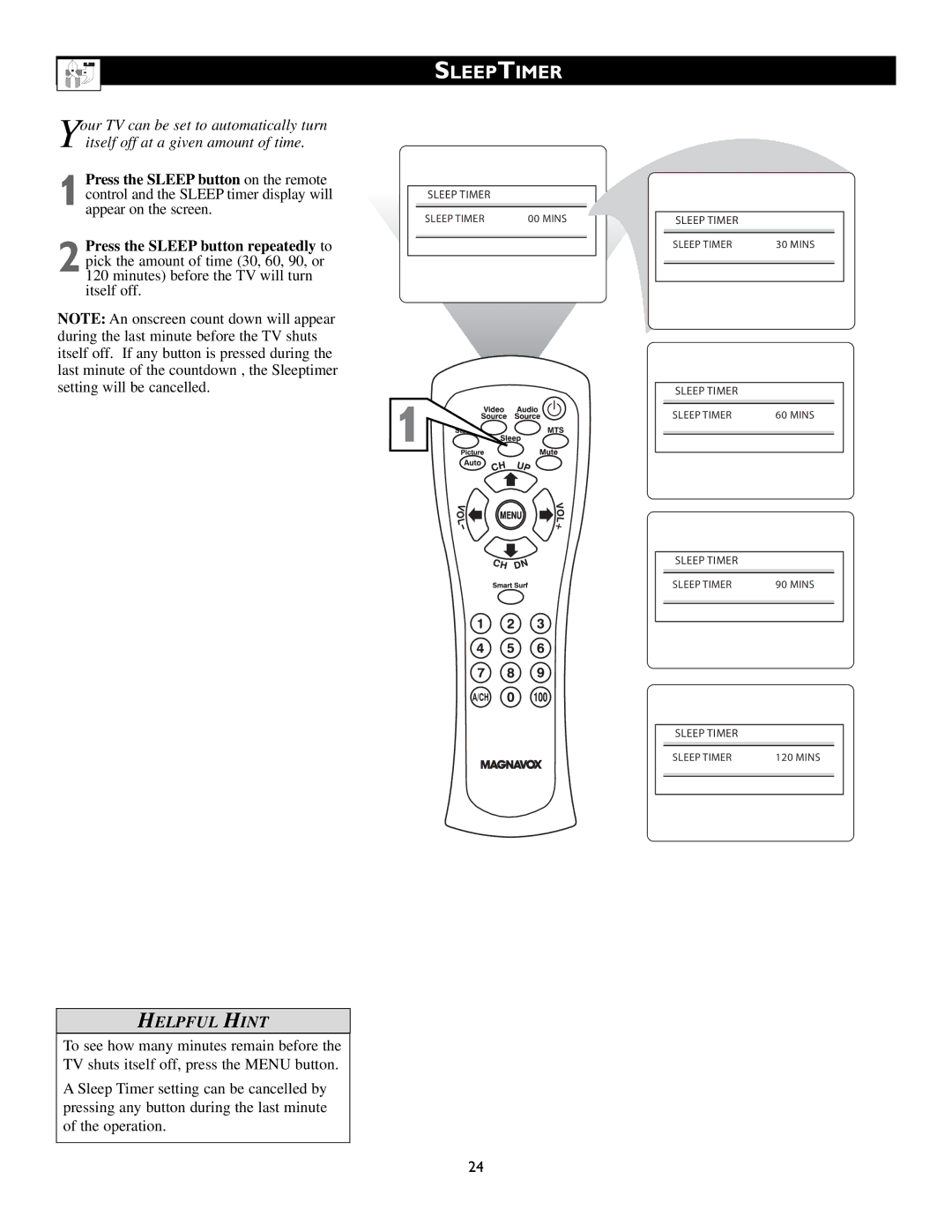 Magnavox 15MF200V/37 owner manual Sleeptimer, Press the Sleep button repeatedly to 