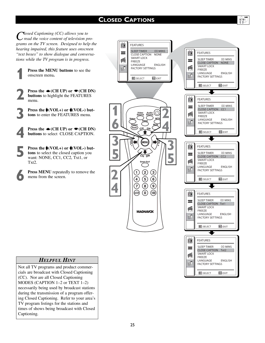 Magnavox 15MF200V/37 owner manual Closed Captions 