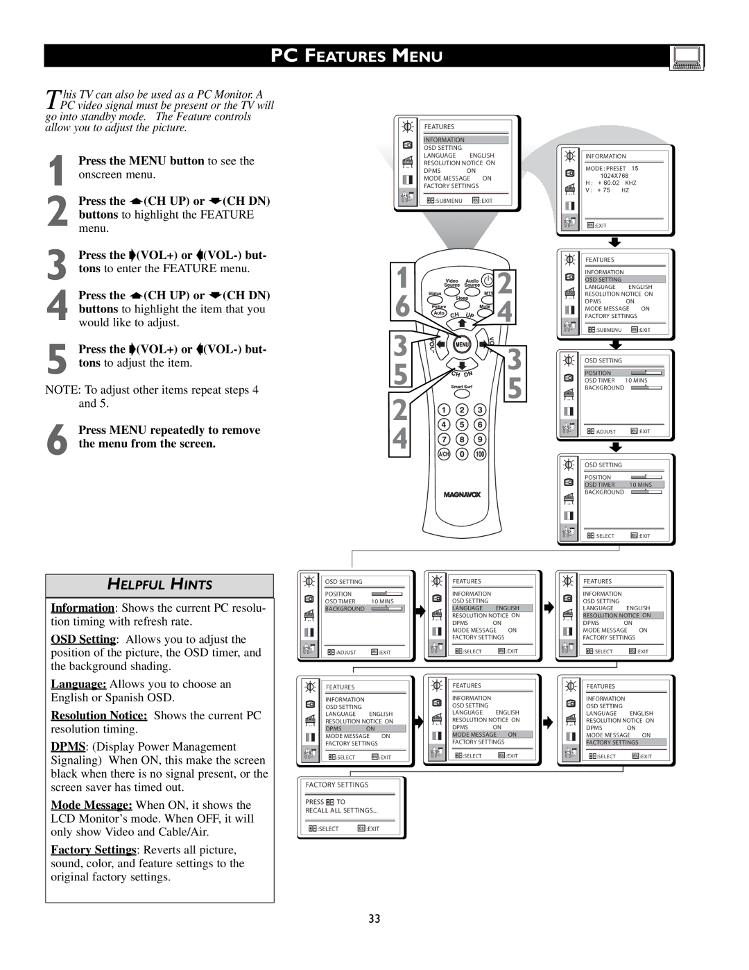 Magnavox 15MF200V/37 owner manual PC Features Menu 