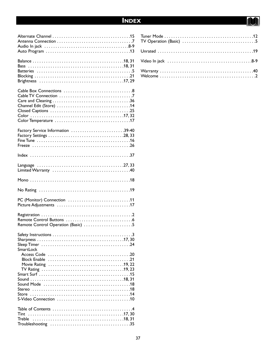 Magnavox 15MF200V/37 owner manual Index, SmartLock 