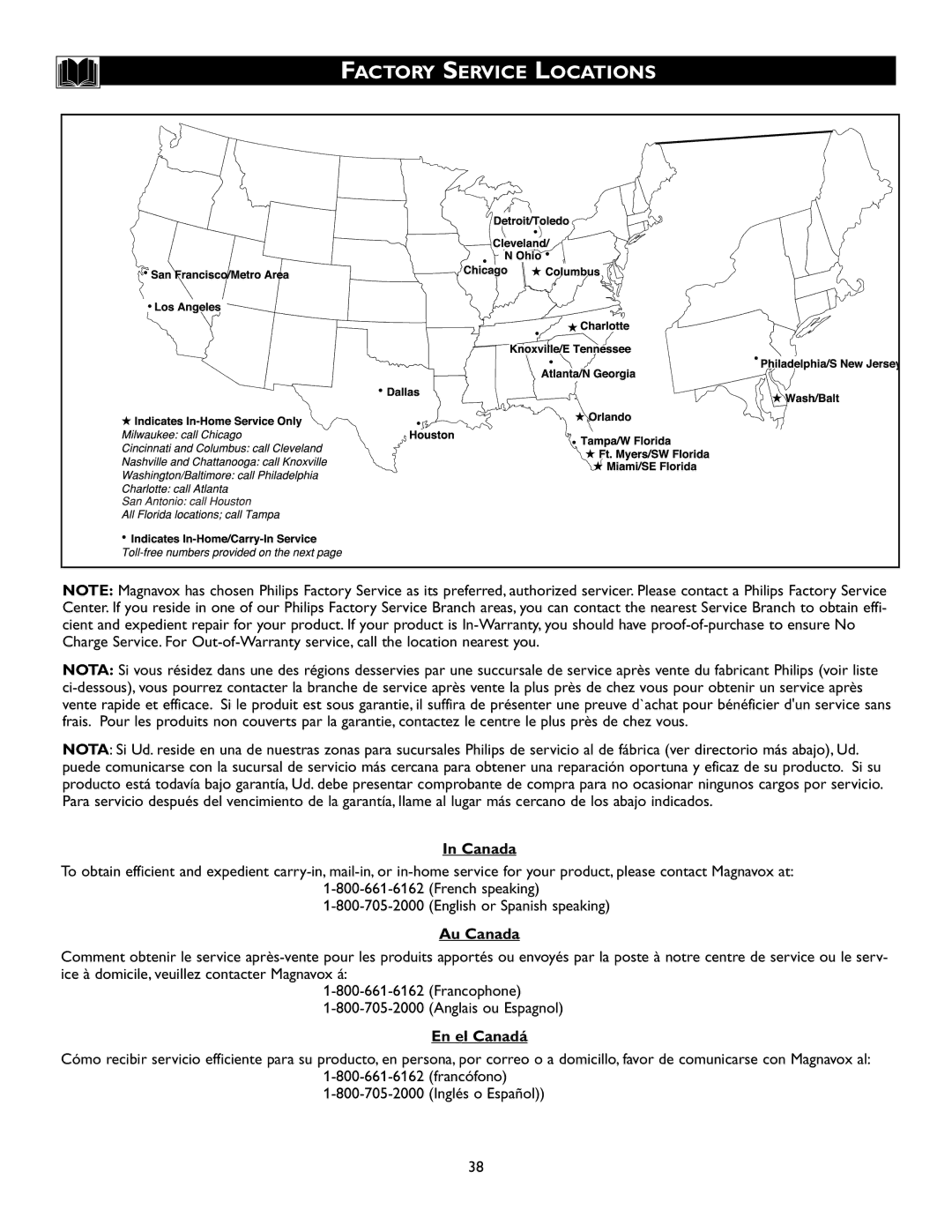 Magnavox 15MF200V/37 owner manual Factory Service Locations, Canada 