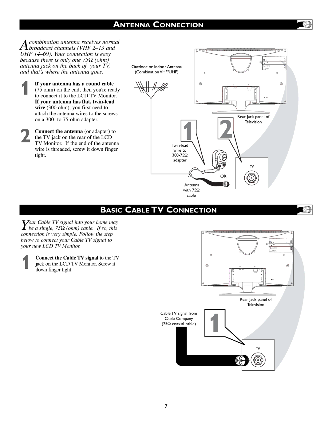 Magnavox 15MF200V/37 owner manual Antenna Connection, Basic Cable TV Connection 