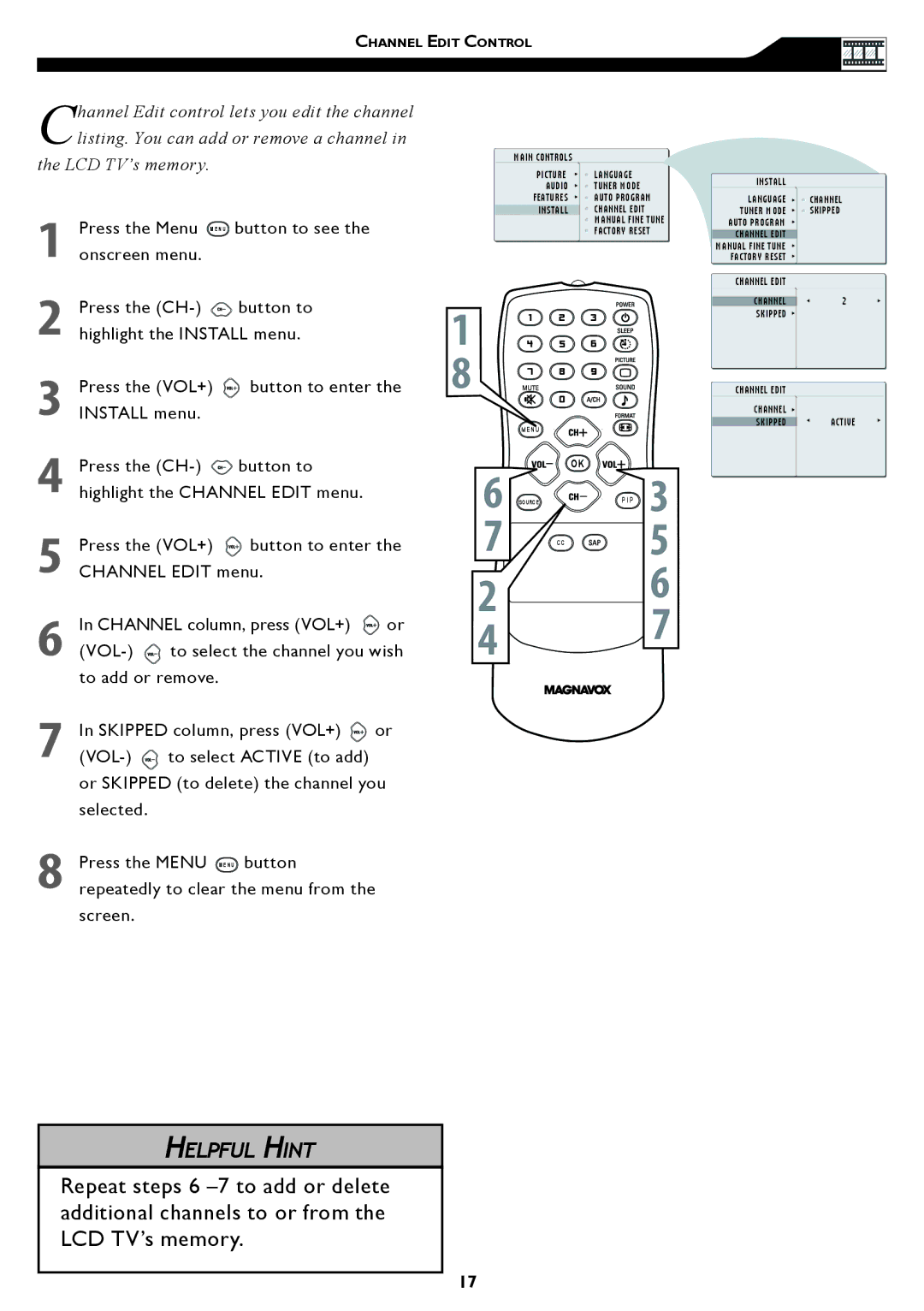 Magnavox 15MF/20MF Press the Menu M E N U Button to see, Press the CH Button to Highlight the Channel Edit menu 