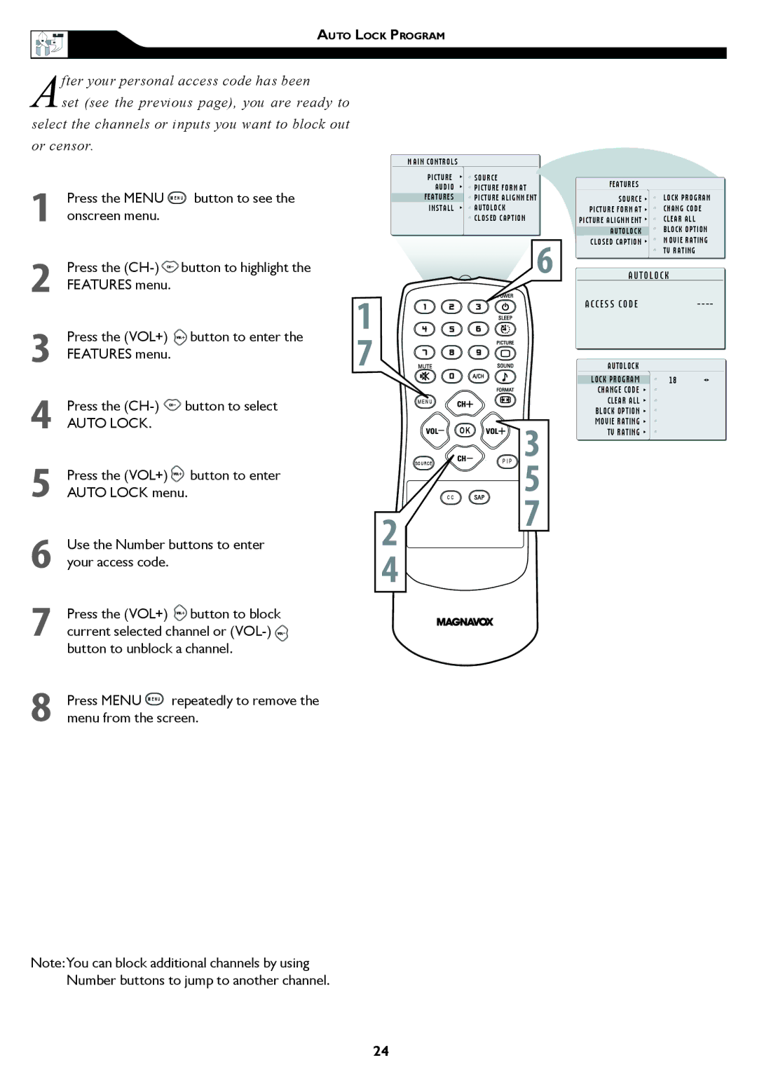 Magnavox 15MF/20MF owner manual Auto Lock, Press Menu repeatedly to remove the menu from the screen 