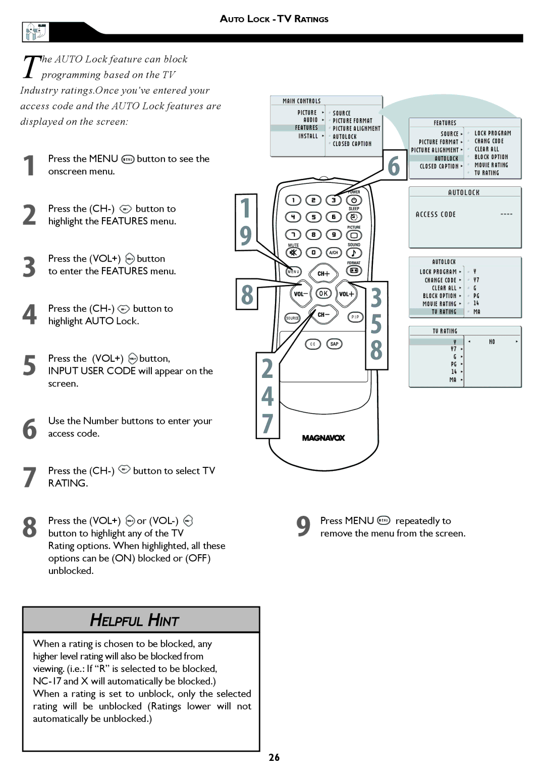 Magnavox 15MF/20MF owner manual Press the Menu M E N U button to see the onscreen menu, T O L O C K 