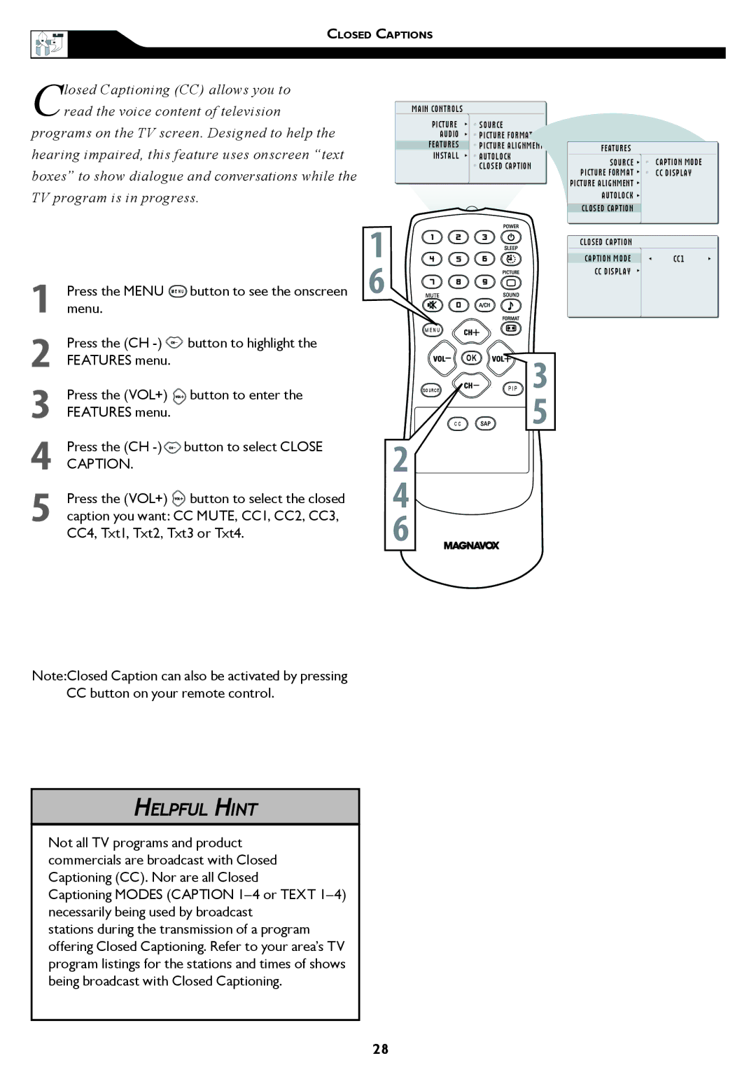 Magnavox 15MF/20MF owner manual Closed Captions 