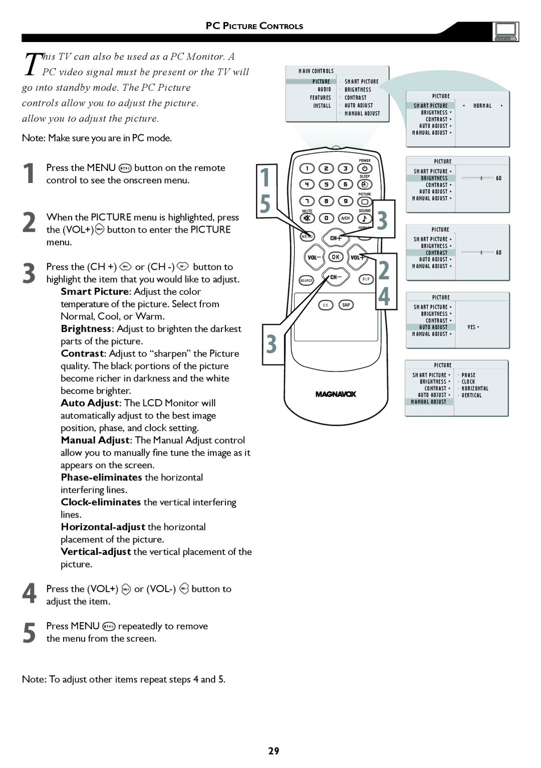 Magnavox 15MF/20MF owner manual Allow you to adjust the picture, Button on the remote 