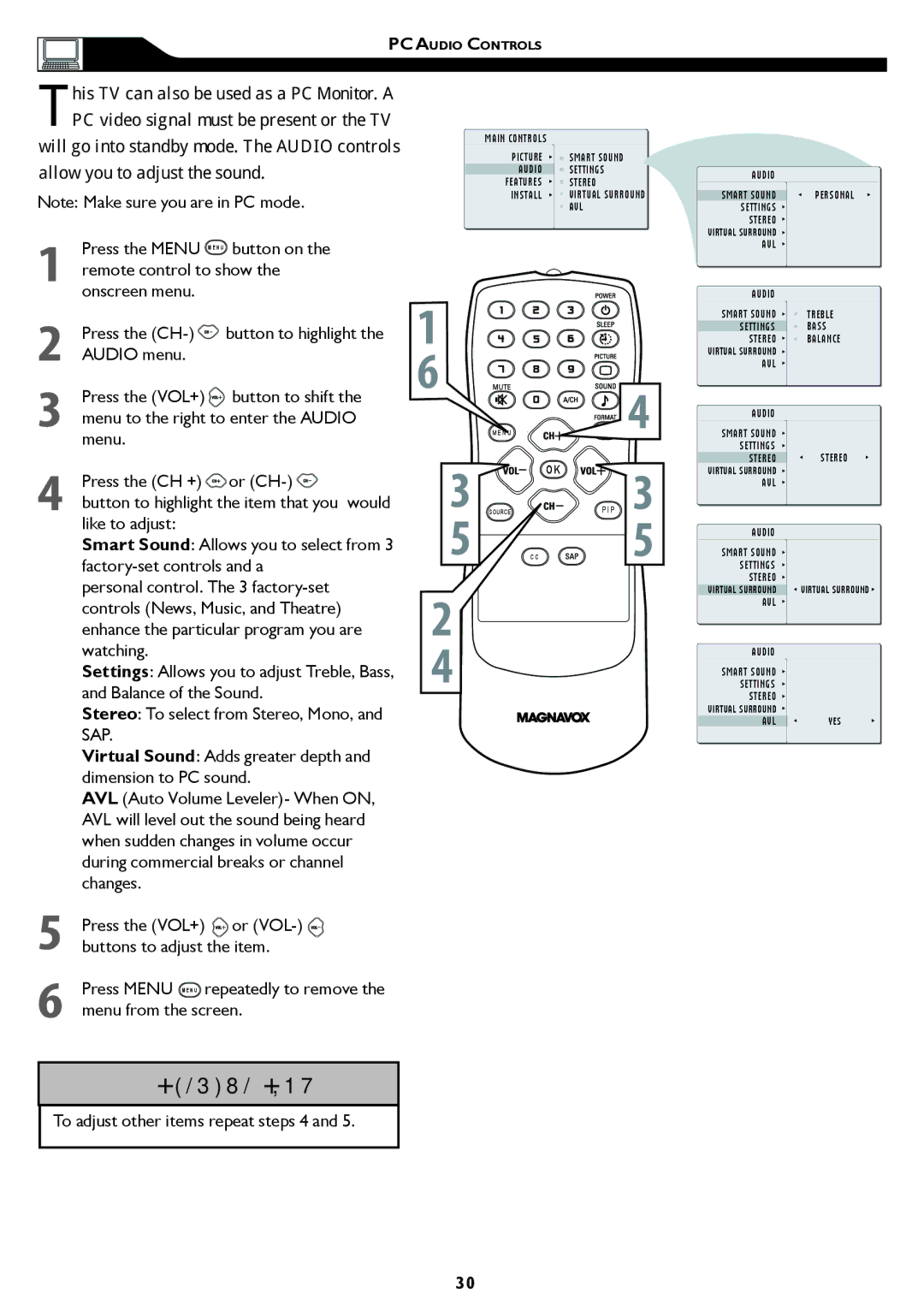 Magnavox 15MF/20MF owner manual Allow you to adjust the sound, To adjust other items repeat steps 4 