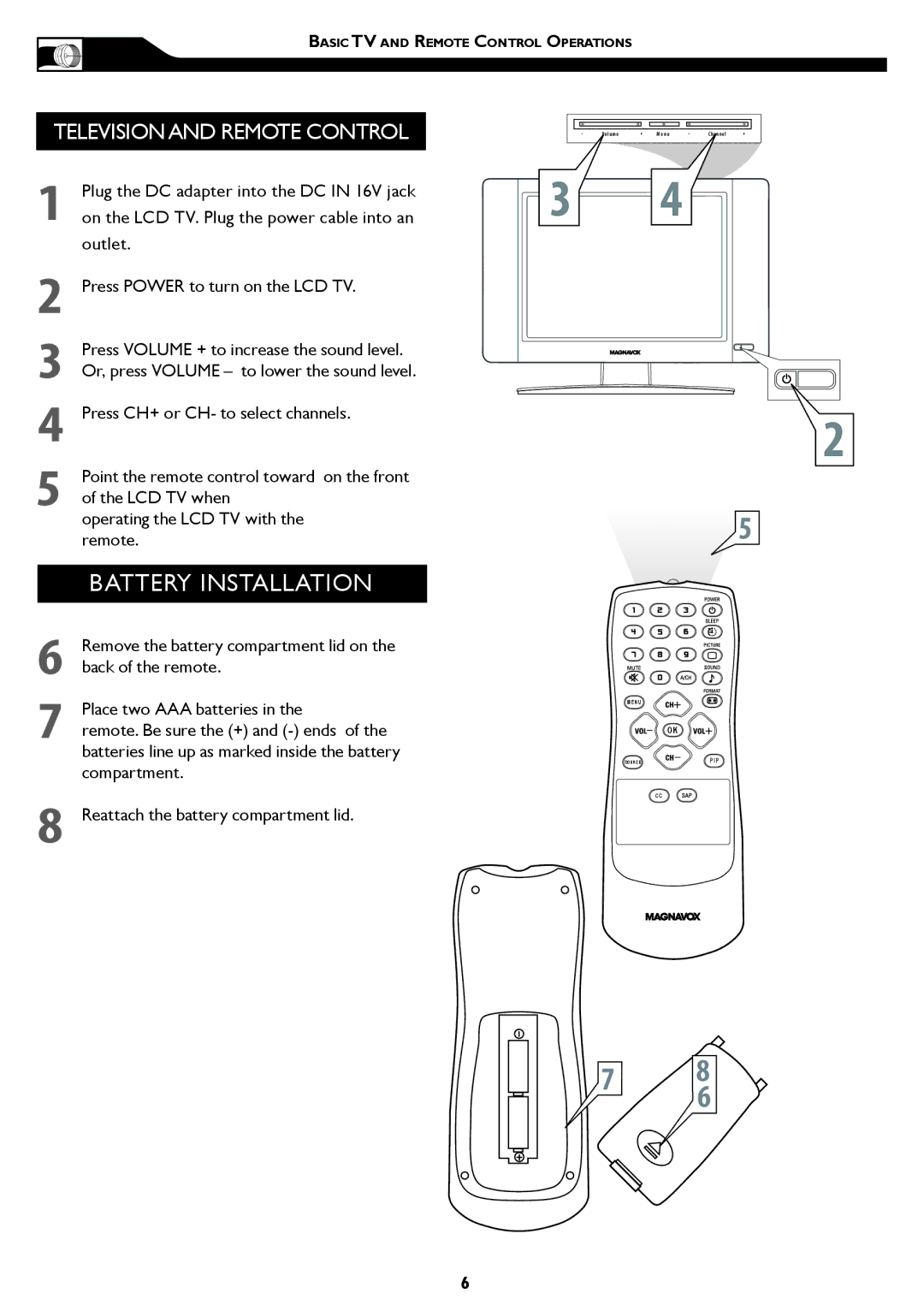 Magnavox 15MF/20MF owner manual Television and Remote Control, Reattach the battery compartment lid 