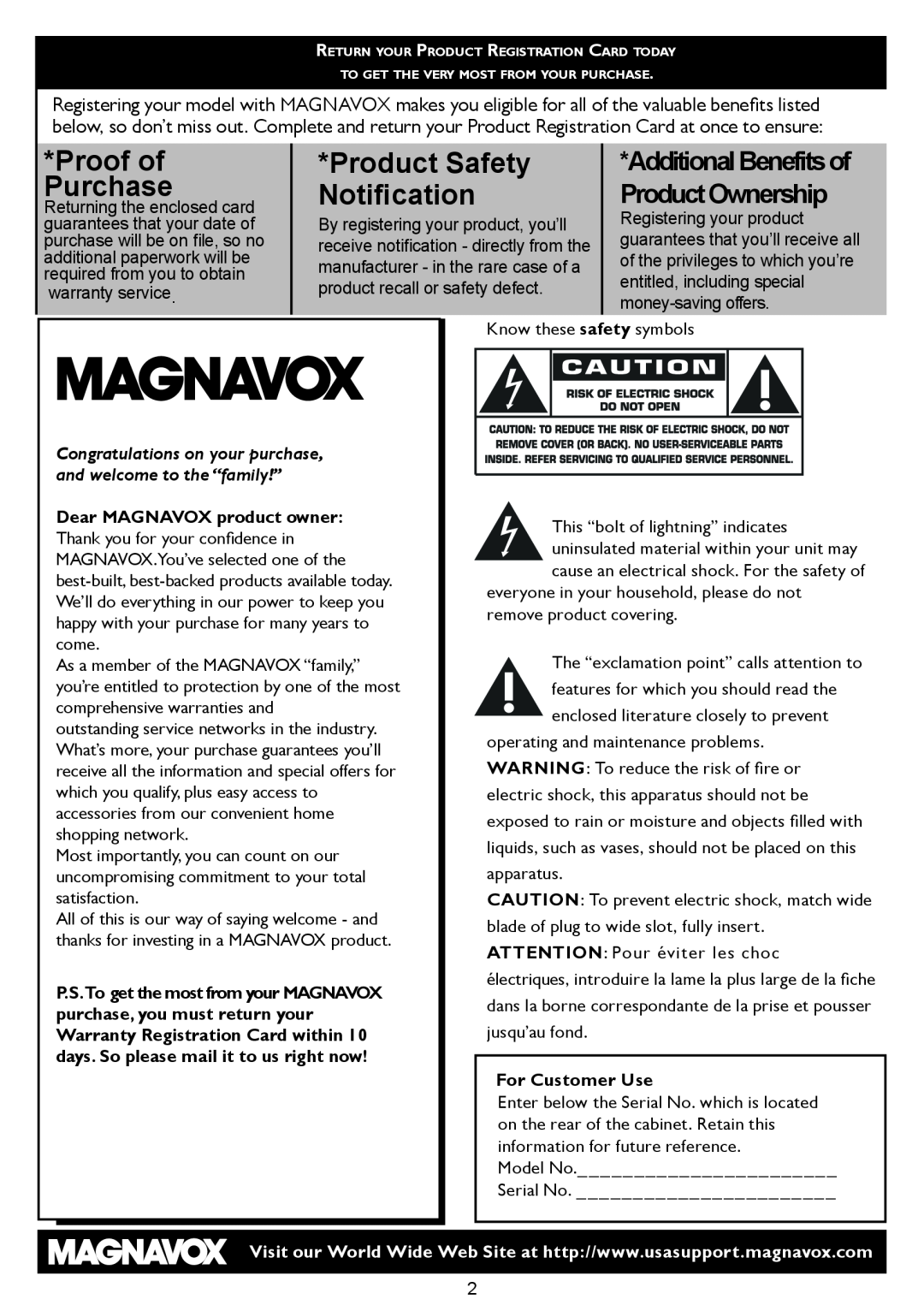 Magnavox 15MF/20MF owner manual AdditionalBenefitsof ProductOwnership, Proof of Purchase, Product Safety Notiﬁcation 