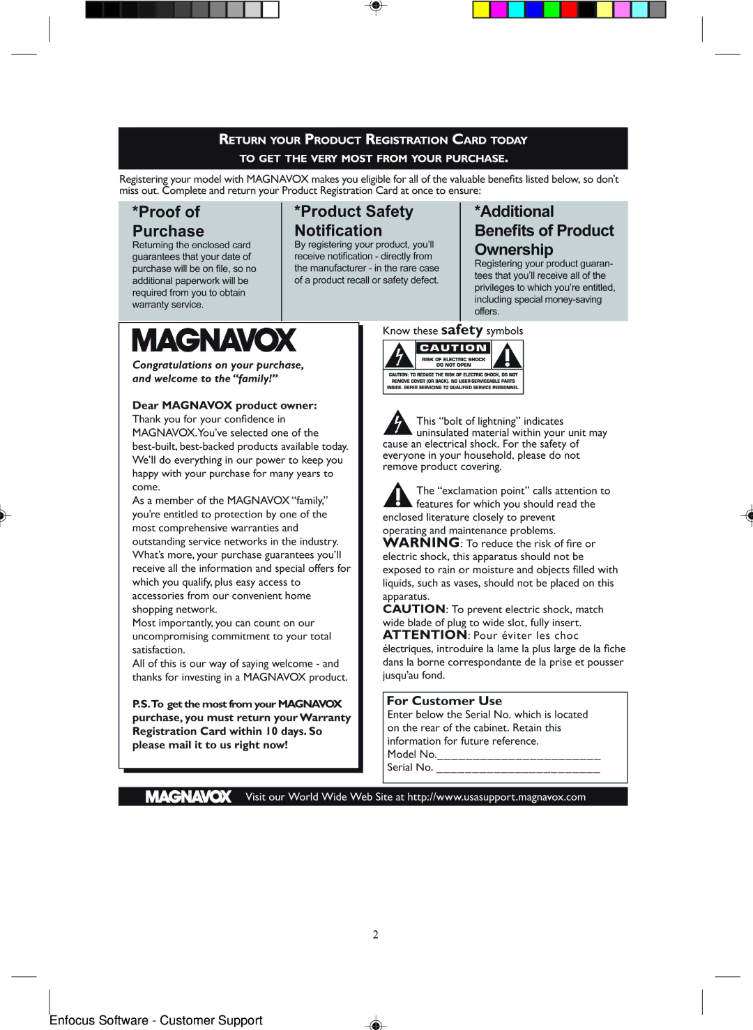 Magnavox 15MF400T/37 Series manual Enfocus Software Customer Support 