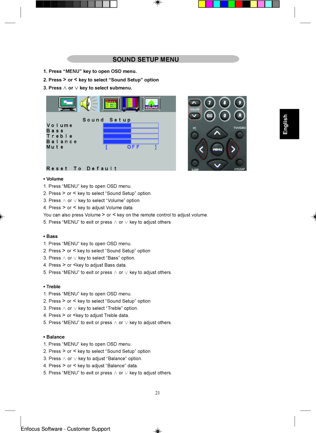 Magnavox 15MF400T/37 Series manual Sound Setup Menu, Volume, Bass, Treble, Balance 