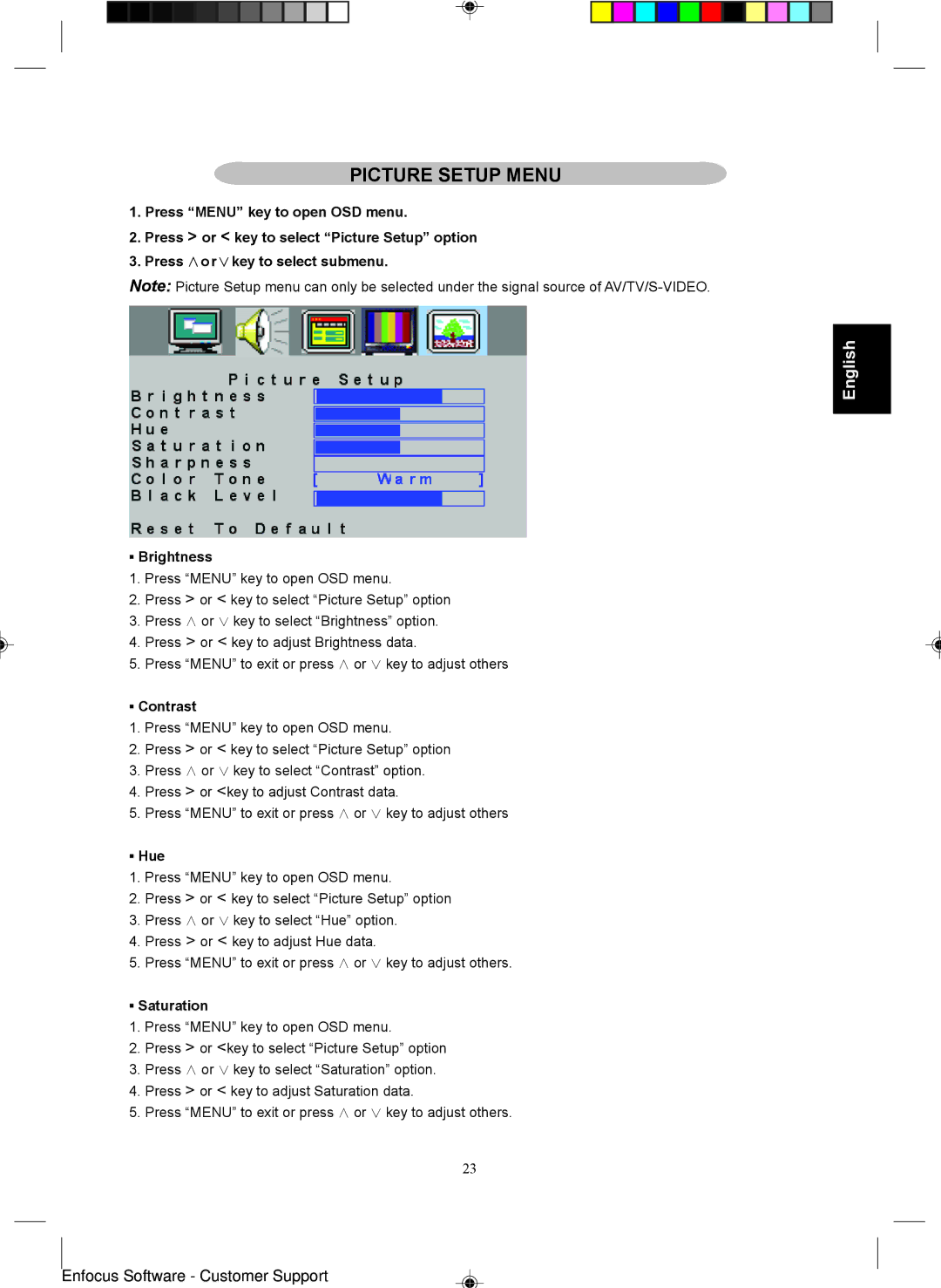 Magnavox 15MF400T/37 Series manual Picture Setup Menu, Brightness, Contrast, Hue, Saturation 