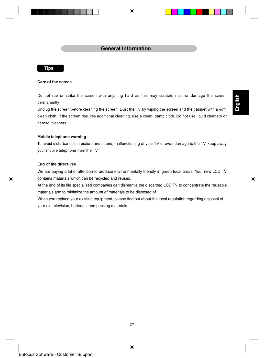 Magnavox 15MF400T/37 Series manual Care of the screen, Mobile telephone warning, End of life directives 