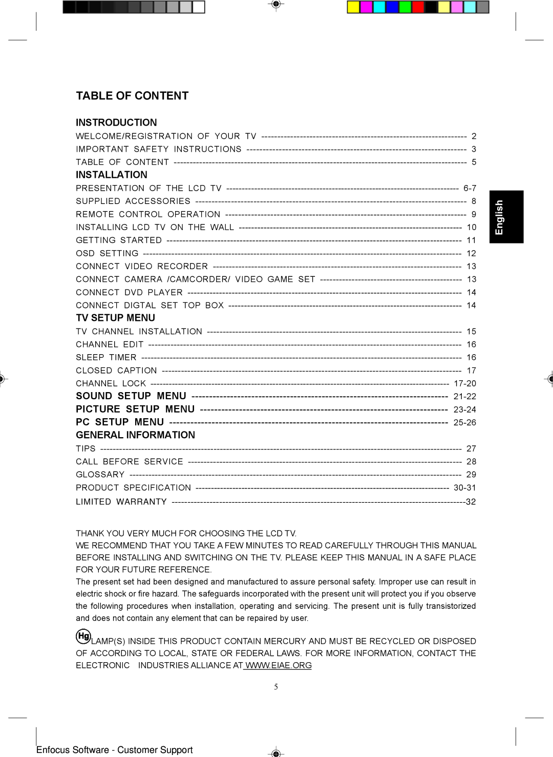 Magnavox 15MF400T/37 Series manual Table of Content, Instroduction, Installation, TV Setup Menu, General Information 