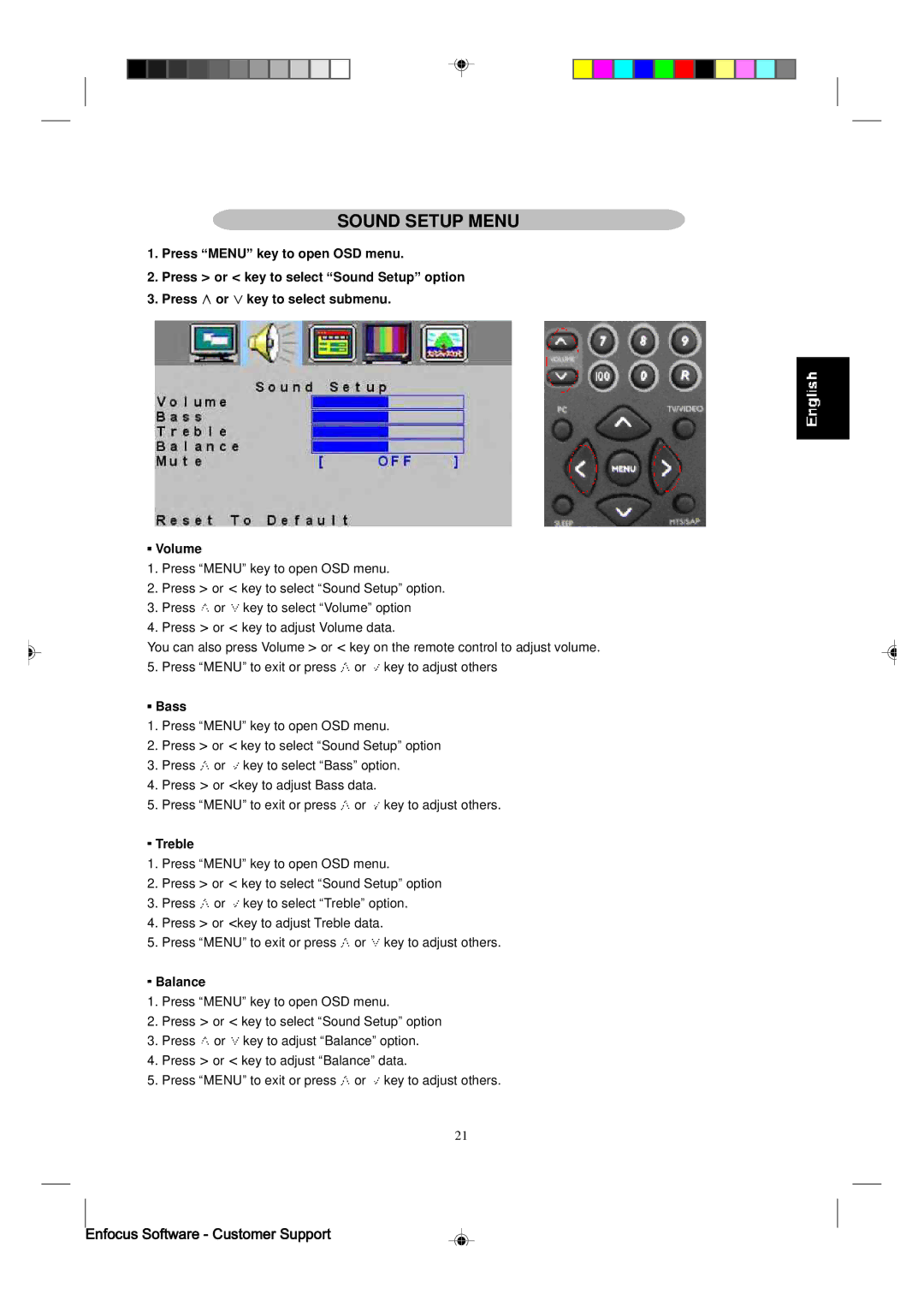 Magnavox 15MF400T/37 manual Sound Setup Menu, Bass, Treble, Balance 