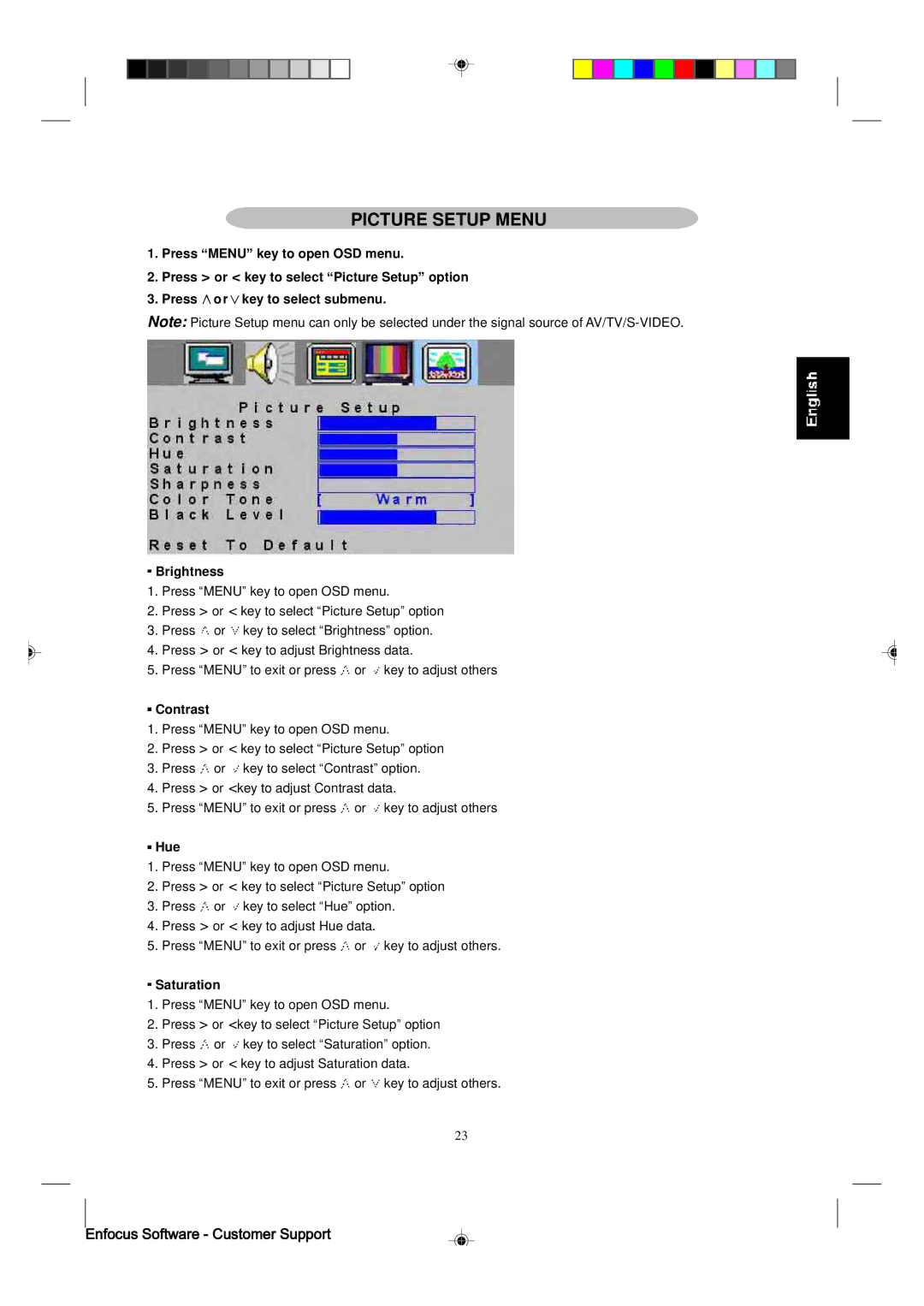 Magnavox 15MF400T/37 manual Picture Setup Menu, Contrast, Hue, Saturation 