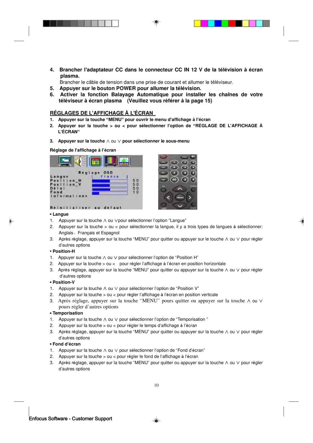 Magnavox 15MF400T/37 manual Réglages DE L’AFFICHAGE À L’ÉCRAN, Position-H, Position-V, Temporisation, Fond d’écran 