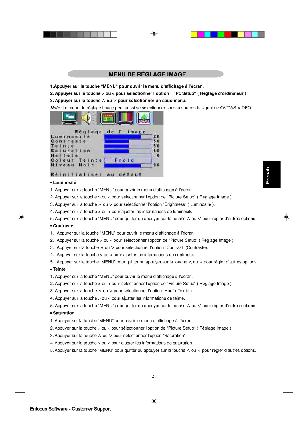 Magnavox 15MF400T/37 manual Menu DE Réglage Image, Contraste, Teinte 